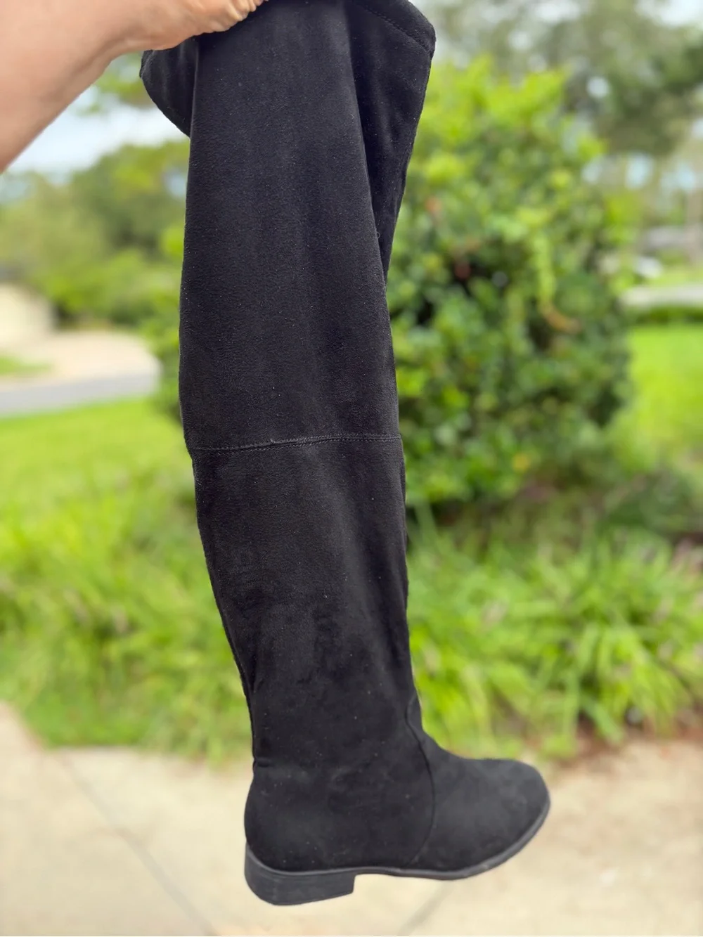 Black Faux Suede Over The Knee Boots Flat Block Heel Tie Back Women's 7.5